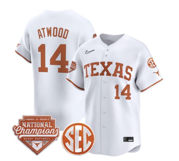 Men's Size - Texas Longhorns 2026 Back-To-Back World Series (WCWS) Champions Vapor Premier Limited Jersey - All Stitched Reese Atwood  14
