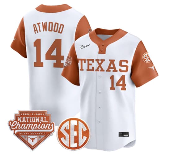 Men's Size - Texas Longhorns 2026 Back-To-Back World Series (WCWS) Champions Vapor Premier Limited Jersey - All Stitched Reese Atwood #14