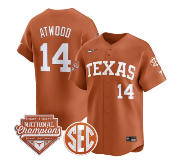 Men's Size - Texas Longhorns 2026 Back-To-Back World Series (WCWS) Champions Vapor Premier Limited Jersey - All Stitched Reese Atwood
