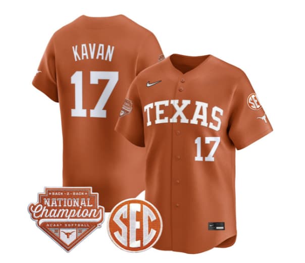 Men's Size - Texas Longhorns 2026 Back-To-Back World Series (WCWS) Champions Vapor Premier Limited Jersey - All Stitched Teagan Kavan