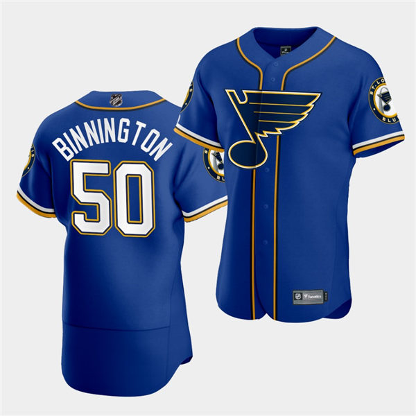 Men's St. Louis Blues # 50 Jordan Binnington 2020 NHL X MLB Crossover Edition Royal Baseball Jersey Stitched