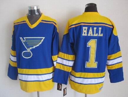 Men's St. Louis Blues #1 Glenn Hall Blue 1967 CCM Vintage Throwback Away NHL Hockey Jersey Stitched
