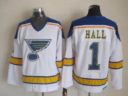Men's St. Louis Blues #1 Glenn Hall White 1967 CCM Vintage Throwback Away NHL Hockey Jersey Stitched