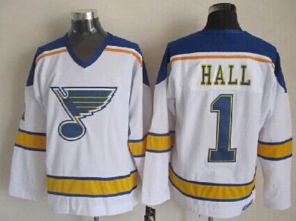 Men's St. Louis Blues #1 Glenn Hall White Throwback CCM Jersey Stitched