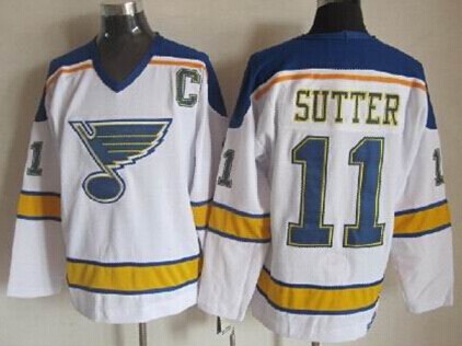 Men's St. Louis Blues #11 Brian Sutter White Throwback CCM Jersey Stitched