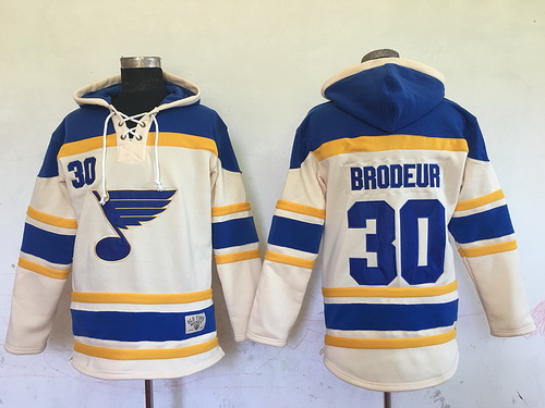 Men's St. Louis Blues #30 Martin Brodeur Cream Old Time Hockey Hoodie Stitched