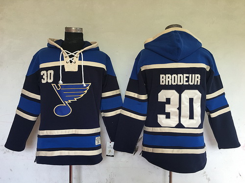 Men's St. Louis Blues #30 Martin Brodeur Navy Blue Old Time Hockey Hoodie Stitched