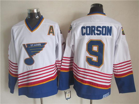 Men's St. Louis Blues #9 Shayne Corson 1995-96 White Red CCM Throwback Jersey Stitched