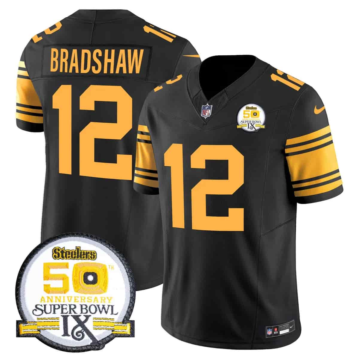 Men's Steelers 50th Anniversary Of Super Bowl IX Patch Vapor Limited Jersey - All Stitched Terry Bradshaw     12