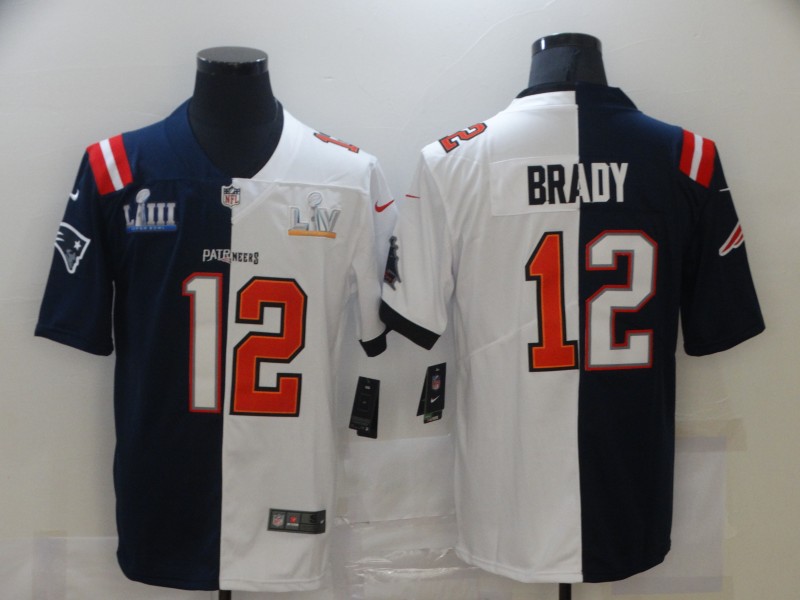 Men's Tampa Bay Buccaneers Mix New England Patriots #12 Tom Brady Navy White Super Bowl LV Champions Nike Split Vapor Limited Jersey