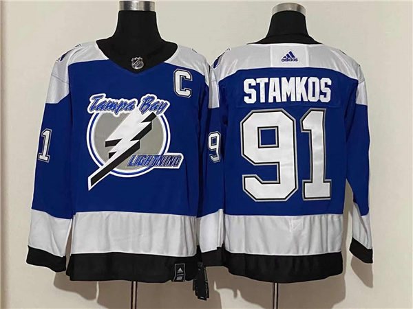 Men's Tampa Bay Lightning #91 Steven Stamkos Blue Adidas 2021 NHL Reverse Retro Special Edition Jersey Stitched