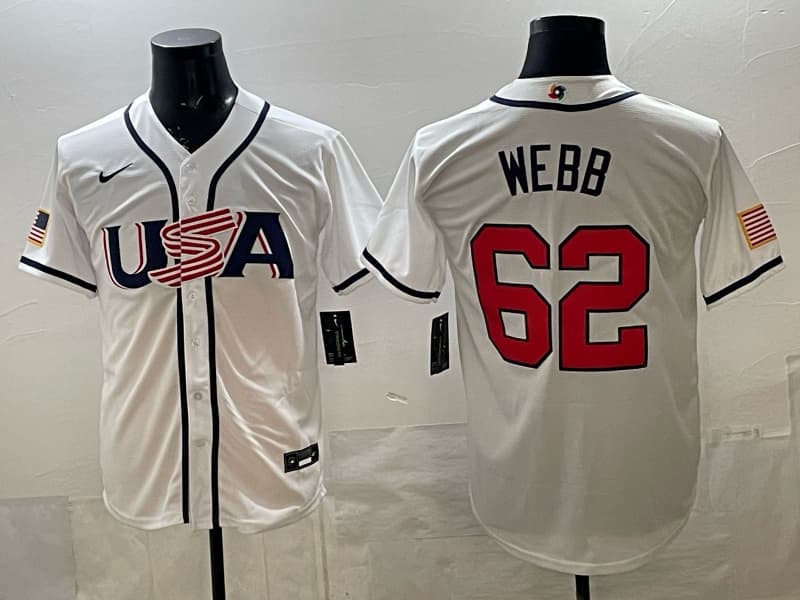 Men's Team USA World Baseball Classic  h Vapor Premier Jersey - 2026 Roster - All Stitched    WEBB 62