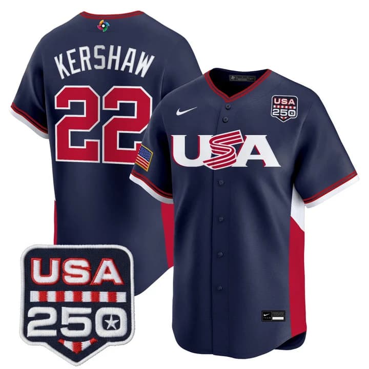 Men's Team USA World Baseball Classic 250America Patch Vapor Premier Jersey - 2026 Roster - All Stitched Clayton Kershaw 22