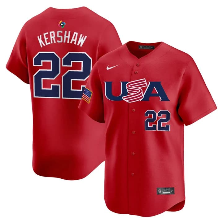 Men's Team USA World Baseball Classic Vapor Premier Jersey - 2026 Roster  - All Stitched  Clayton Kershaw    22