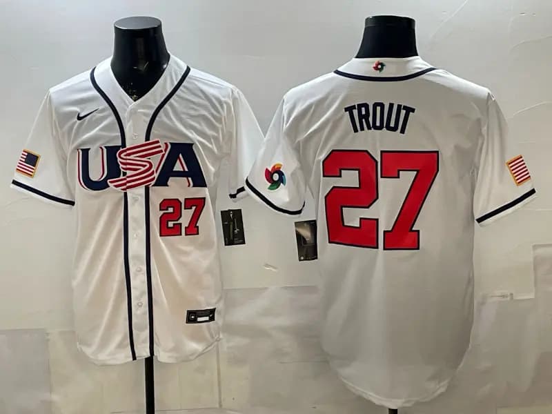 Men's Team USA World Baseball Classic Vapor Premier Jersey - 2026 Roster - All Stitched  27  TROUT