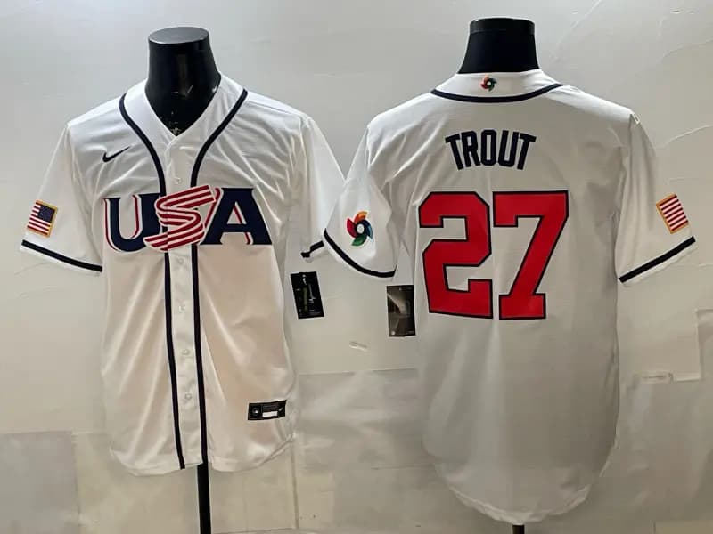 Men's Team USA World Baseball Classic Vapor Premier Jersey - 2026 Roster - All Stitched  27 TROUT