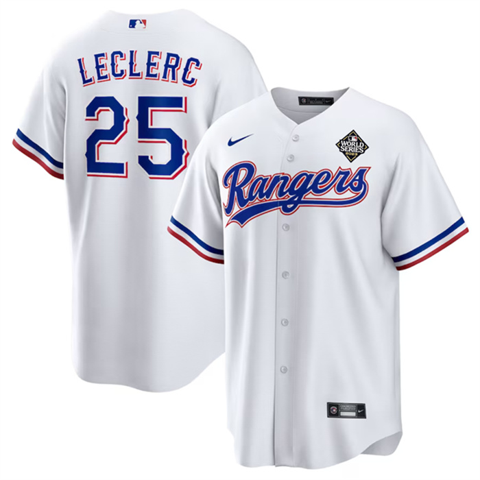 Men's Texas Rangers #25 Jos?? Leclerc White 2023 World Series Stitched Baseball Jersey
