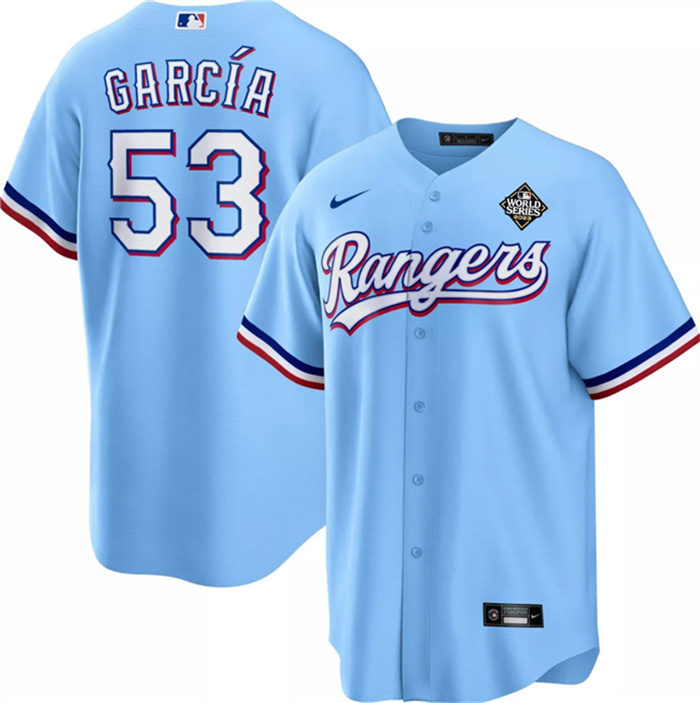 Men's Texas Rangers #53 Adolis Garc?-a Blue 2023 World Series Cool Base Stitched Baseball Jersey