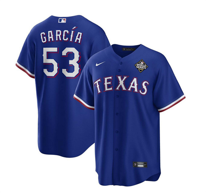 Men's Texas Rangers #53 Adolis Garc?-a Royal 2023 World Series Stitched Baseball Jersey