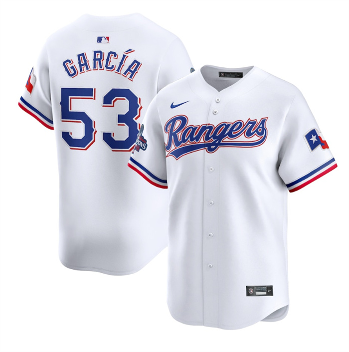Men's Texas Rangers #53 Adolis Garc?-a White 2023 World Series Champions Stitched Baseball Jersey