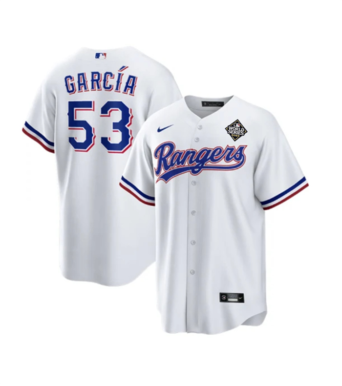 Men's Texas Rangers #53 Adolis Garc?-a White 2023 World Series Stitched Baseball Jersey