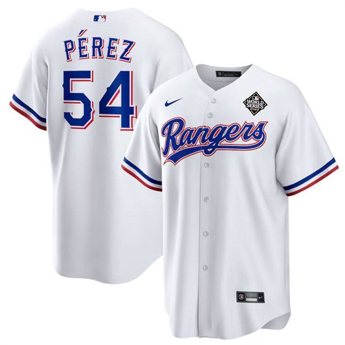 Men's Texas Rangers #54 Mart?-n P??rez White 2023 World Series Stitched Baseball Jersey