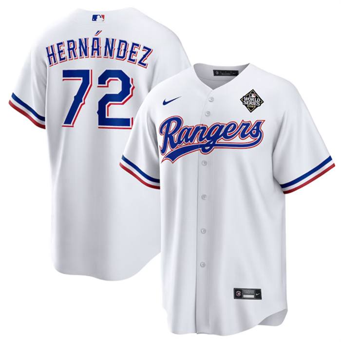 Men's Texas Rangers #72 Jonathan Hern??ndez White 2023 World Series Stitched Baseball Jersey