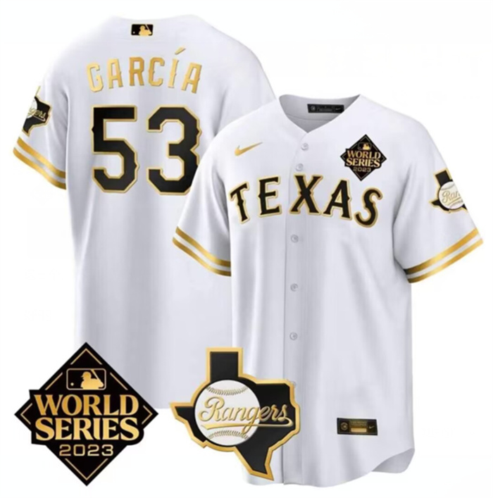 Men's Texas Rangers & Cowboys #53 Adolis Garc?-a White 2023 World Series Splite Stitched Baseball Jersey