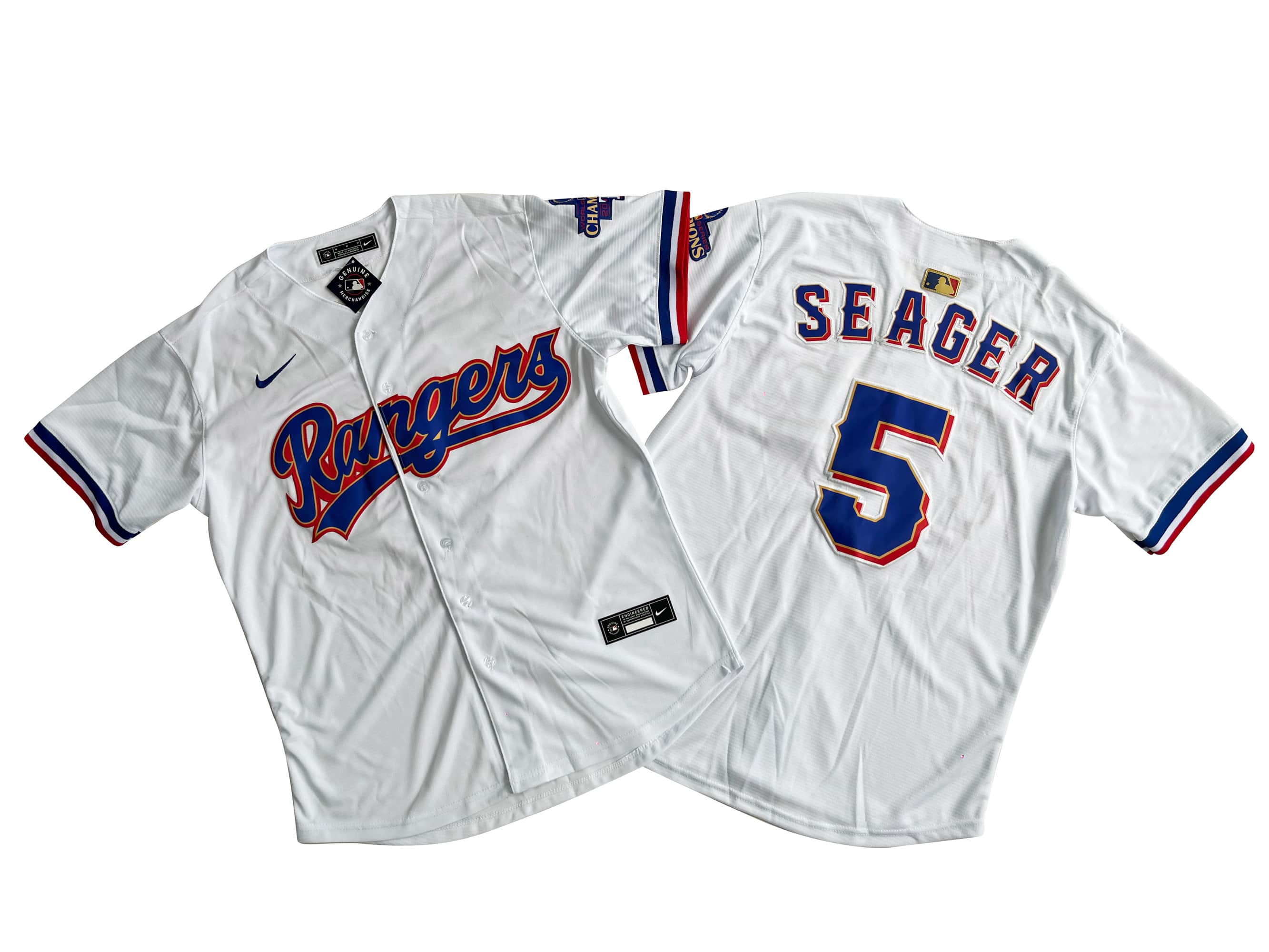 Men's Texas Rangers 5# Corey Seager Nike White 2024 Gold Collection Limited Player Jersey
