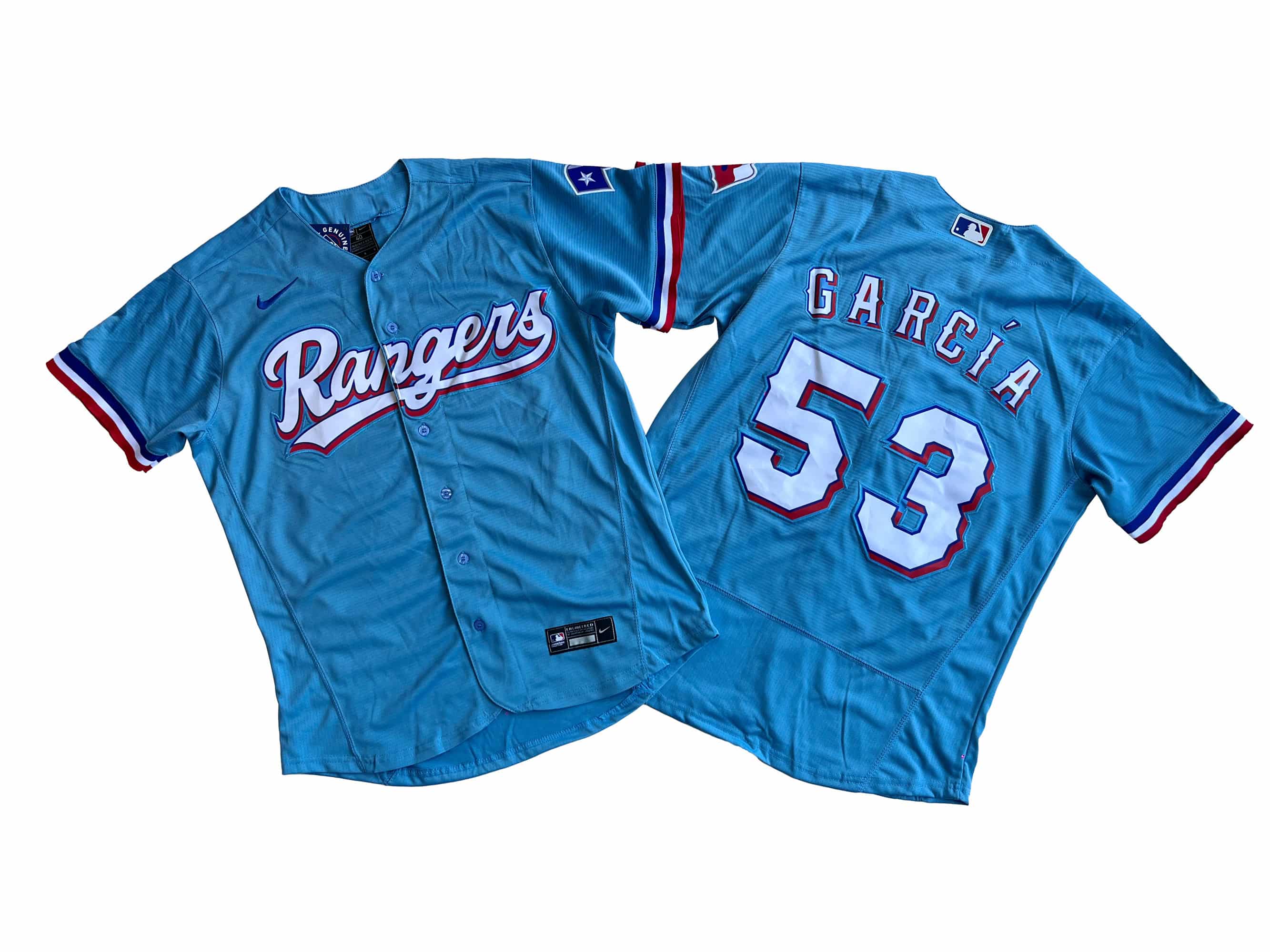 Men's Texas Rangers 53# Adolis Garcia Nike Light Blue Natural Flexbase jersey