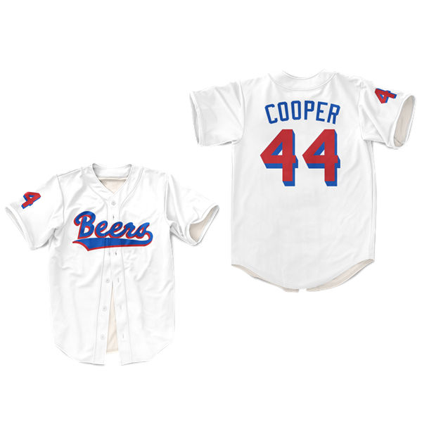 Men's The #44 Joe Cooper BASEketball Beers Baseball Jersey White Button Down Joe  COOP  Cooper Film Jersey