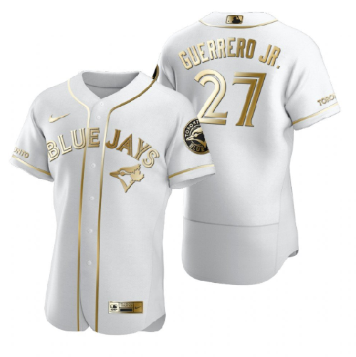 Men's Toronto Blue Jays #27 Vladimir Guerrero Jr. White Gold Flex Base Stitched Jersey