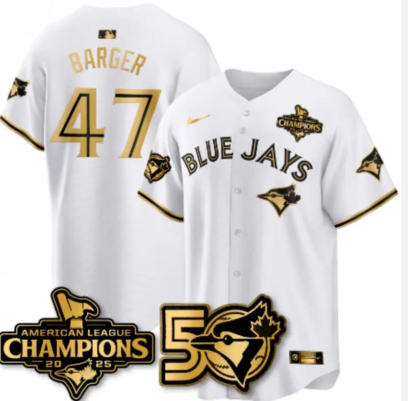 Men's Toronto Blue Jays #47 Addison Barger   2025 American League Champions Limited Stitched Jersey