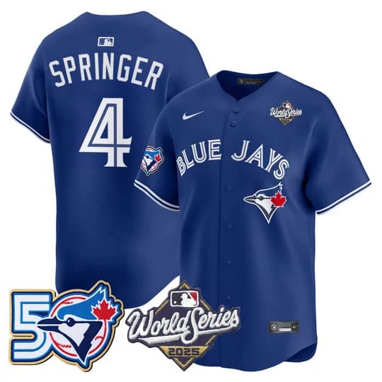 Men's Toronto Blue Jays 2025 World Series Vapor Premier Limited Jersey - 50 Seasons Patch - All Stitched George Springer #4