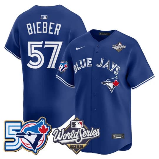 Men's Toronto Blue Jays 2025 World Series Vapor Premier Limited Jersey - 50 Seasons Patch - All Stitched Justin Bieber   #57