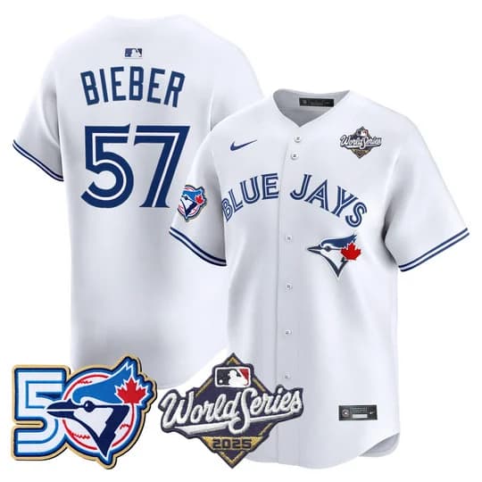 Men's Toronto Blue Jays 2025 World Series Vapor Premier Limited Jersey - 50 Seasons Patch - All Stitched Justin Bieber #57