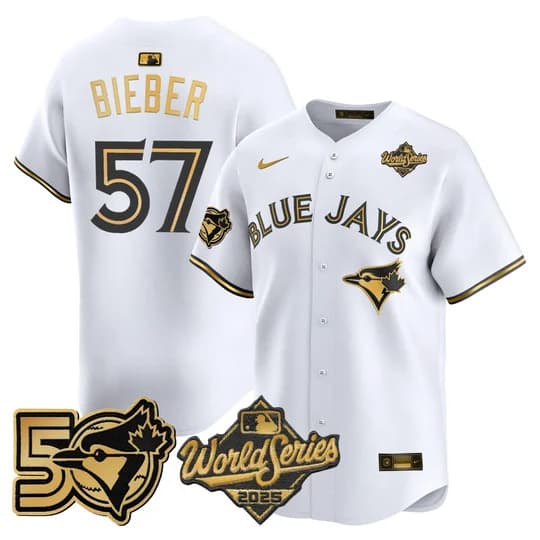 Men's Toronto Blue Jays 2025 World Series Vapor Premier Limited Jersey - 50 Seasons Patch - All Stitched Justin Bieber 57