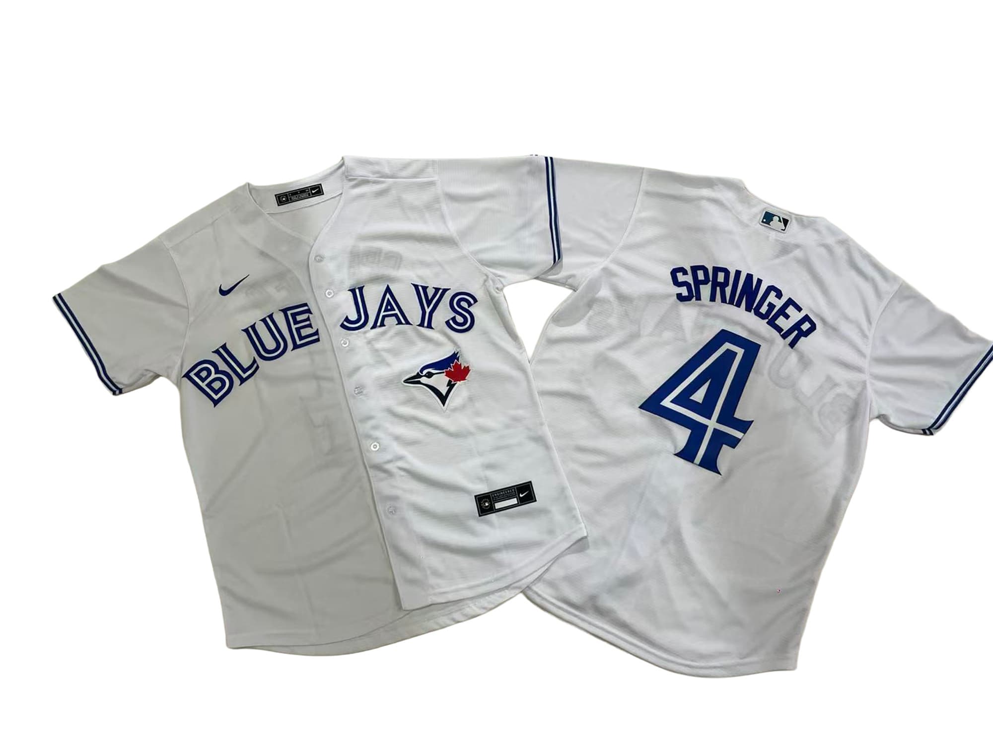 Men's Toronto Blue Jays 4# George Springer Nike White Blue Alternate Replica Player Jersey.