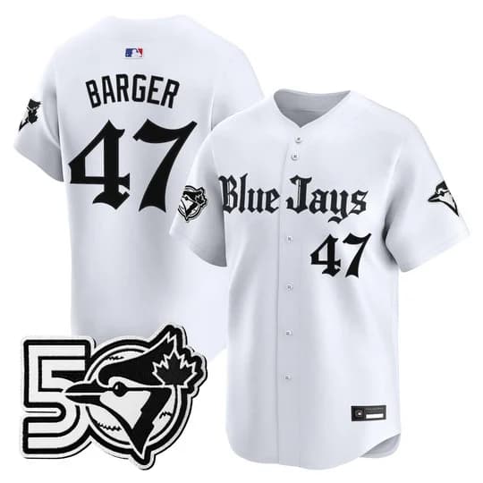 Men's Toronto Blue Jays 50 Seasons Patch Vapor Premier Limited Jersey - Gothic North Edition - All Stitched Addison Barger   47