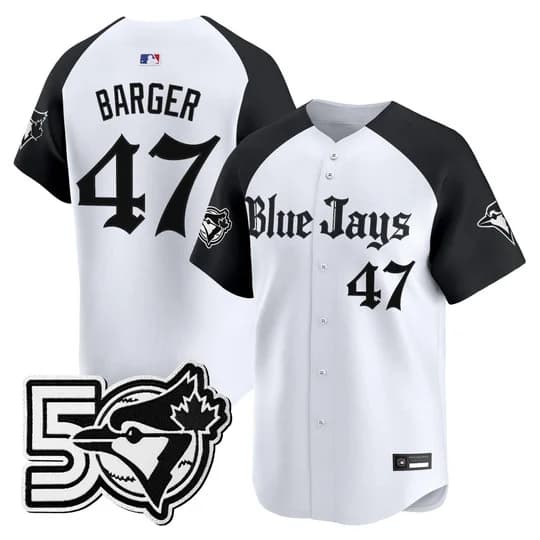 Men's Toronto Blue Jays 50 Seasons Patch Vapor Premier Limited Jersey - Gothic North Edition - All Stitched Addison Barger #47