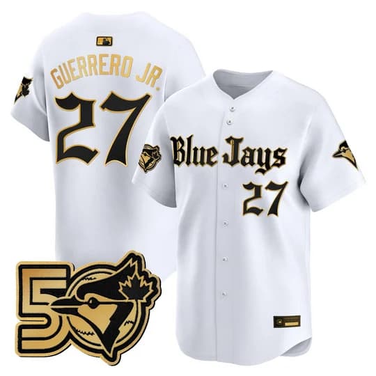 Men's Toronto Blue Jays 50 Seasons Patch Vapor Premier Limited Jersey - Gothic North Edition - All Stitched Vladimir Guerrero Jr. # 27