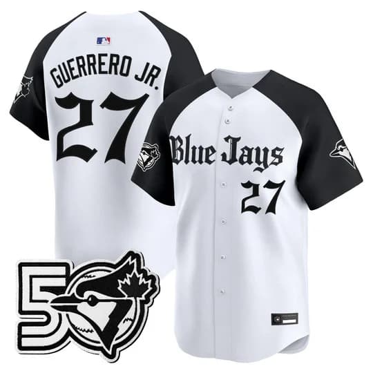 Men's Toronto Blue Jays 50 Seasons Patch Vapor Premier Limited Jersey - Gothic North Edition - All Stitched Vladimir Guerrero Jr. #27