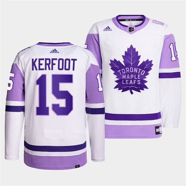 Men's Toronto Maple Leafs #15 Alexander Kerfoot 2021-22 White Purple Hockey Fights Cancer Primegreen Stitched