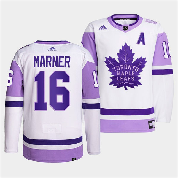 Men's Toronto Maple Leafs #16 Mitchell Marner 2021-22 White Purple Hockey Fights Cancer Primegreen Jersey Stitched