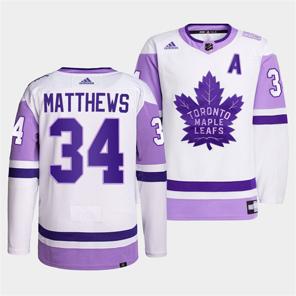 Men's Toronto Maple Leafs #34 Auston Matthews 2021-22 White Purple Hockey Fights Cancer Primegreen Jersey Stitched