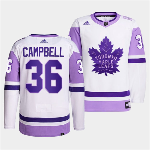 Men's Toronto Maple Leafs #36 Jack Campbell 2021-22 White Purple Hockey Fights Cancer Primegreen Jersey Stitched