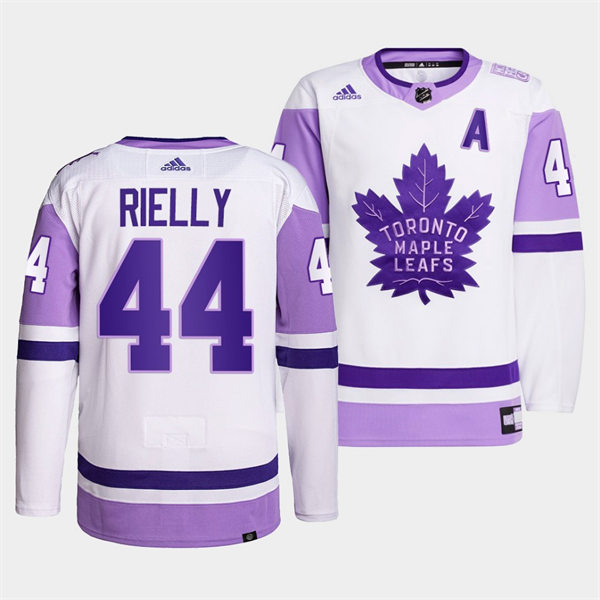 Men's Toronto Maple Leafs #44 Morgan Rielly 2021-22 White Purple Hockey Fights Cancer Primegreen Jersey Stitched