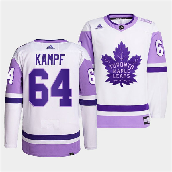 Men's Toronto Maple Leafs #64 David Kampf 2021-22 White Purple Hockey Fights Cancer Primegreen Jersey Stitched