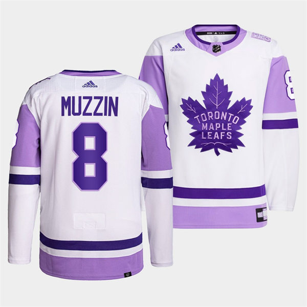 Men's Toronto Maple Leafs #8 Jake Muzzin 2021-22 White Purple Hockey Fights Cancer Primegreen Jersey Stitched