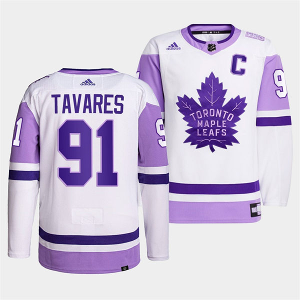 Men's Toronto Maple Leafs #91 John Tavares 2021-22 White Purple Hockey Fights Cancer Primegreen Jersey Stitched